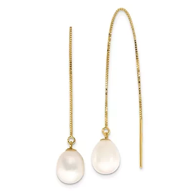 14K Yellow Gold 7-8mm White Teardrop Freshwater Cultured Pearl Box Chain Threader Earrings