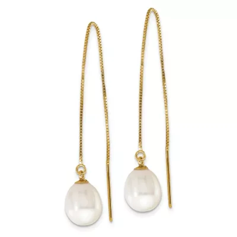14K Yellow Gold 7-8mm White Teardrop Freshwater Cultured Pearl Box Chain Threader Earrings