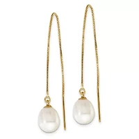 14K Yellow Gold 7-8mm White Teardrop Freshwater Cultured Pearl Box Chain Threader Earrings