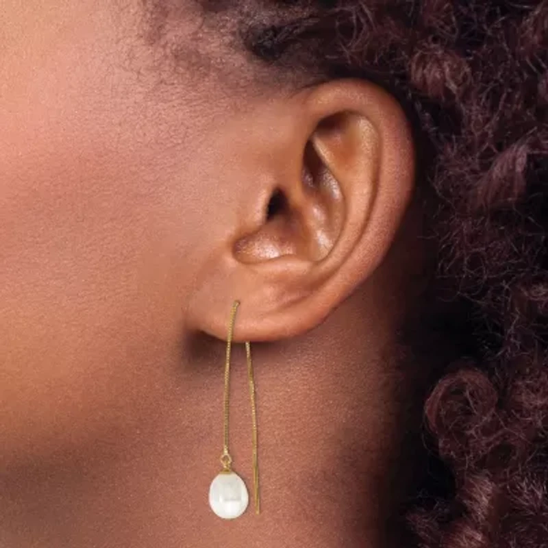 14K Yellow Gold 7-8mm White Teardrop Freshwater Cultured Pearl Box Chain Threader Earrings