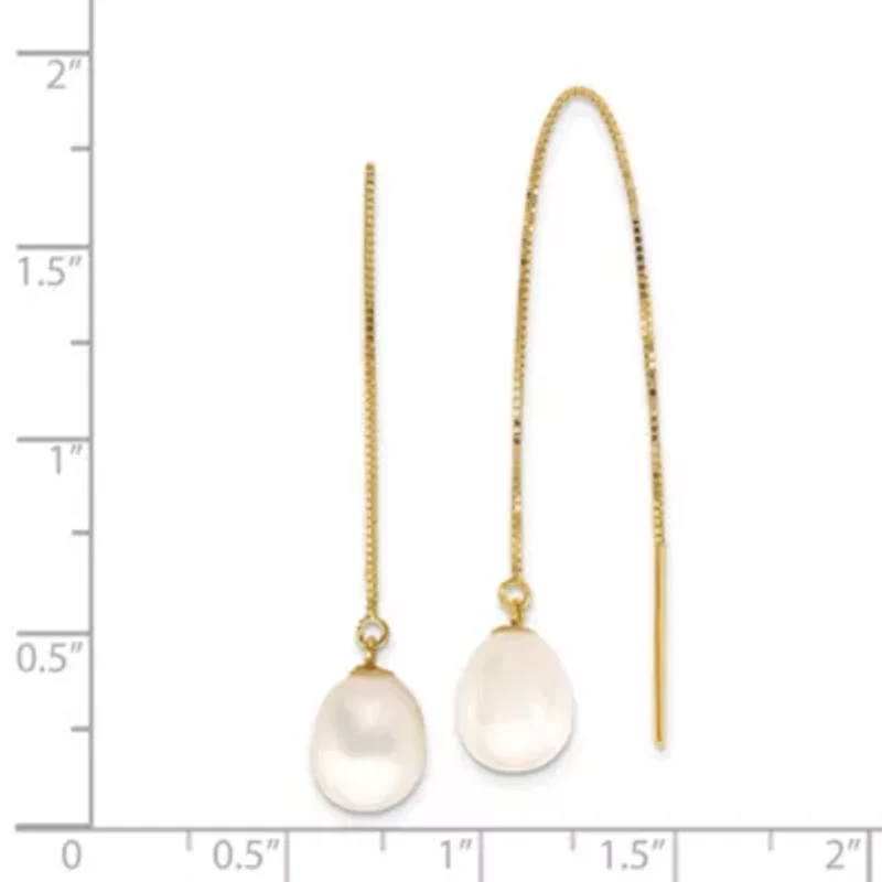14K Yellow Gold 7-8mm White Teardrop Freshwater Cultured Pearl Box Chain Threader Earrings
