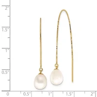 14K Yellow Gold 7-8mm White Teardrop Freshwater Cultured Pearl Box Chain Threader Earrings
