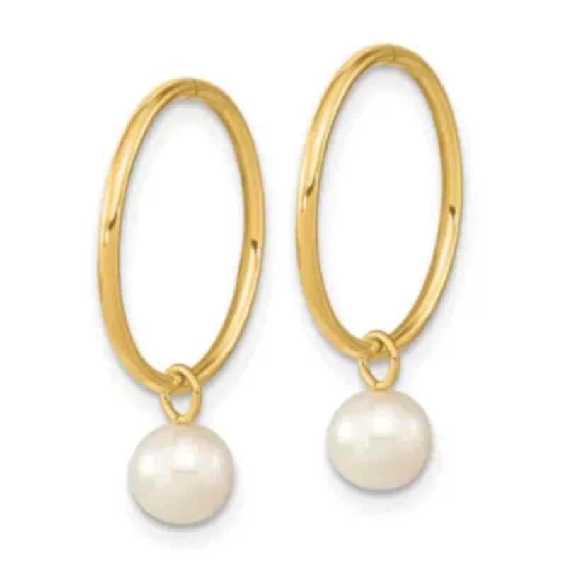 14K Yellow Gold 5-6mm Round White Freshwater Cultured Pearl Hoop Earrings
