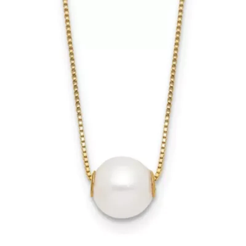 14K Yellow Gold 7-8mm Round White Freshwater Cultured Pearl 18 Inch Necklace