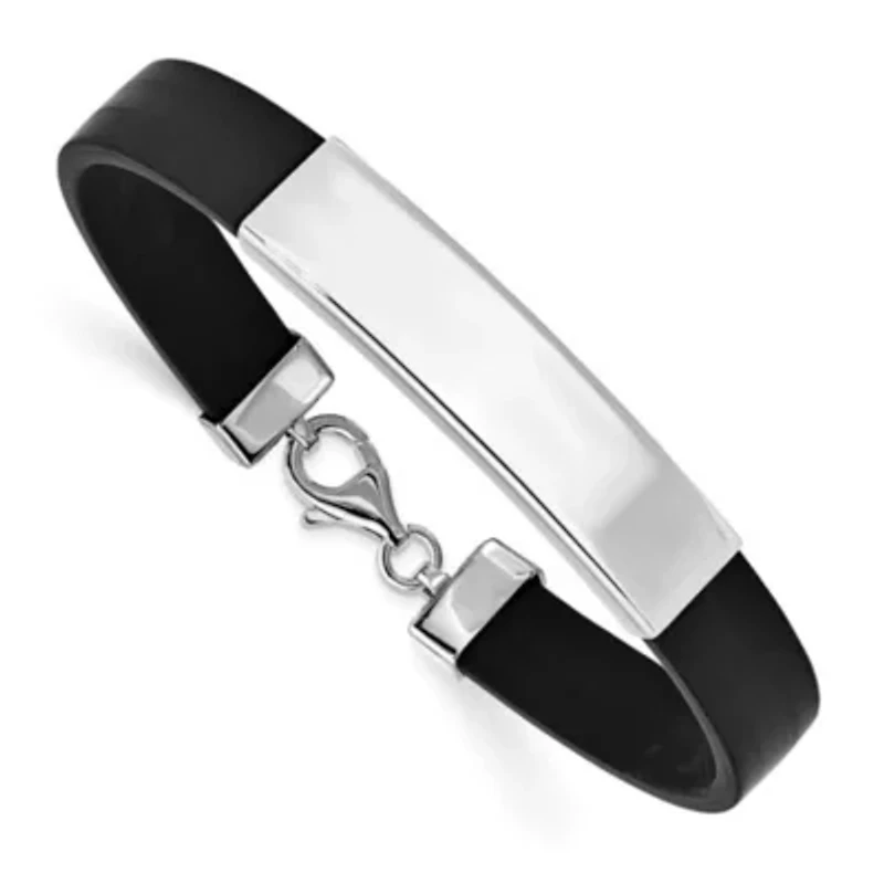 Sterling Silver Rhodium-plated ID Black Rubber Bracelet