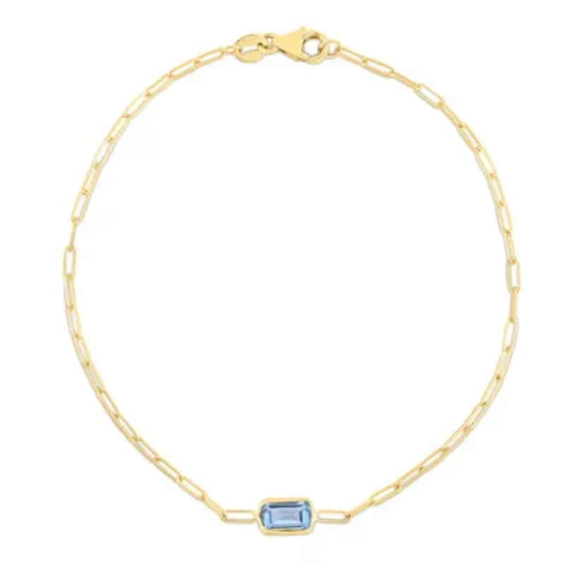 14K Yellow Gold  Paperclip Bracelet With Baguette Blue Topaz