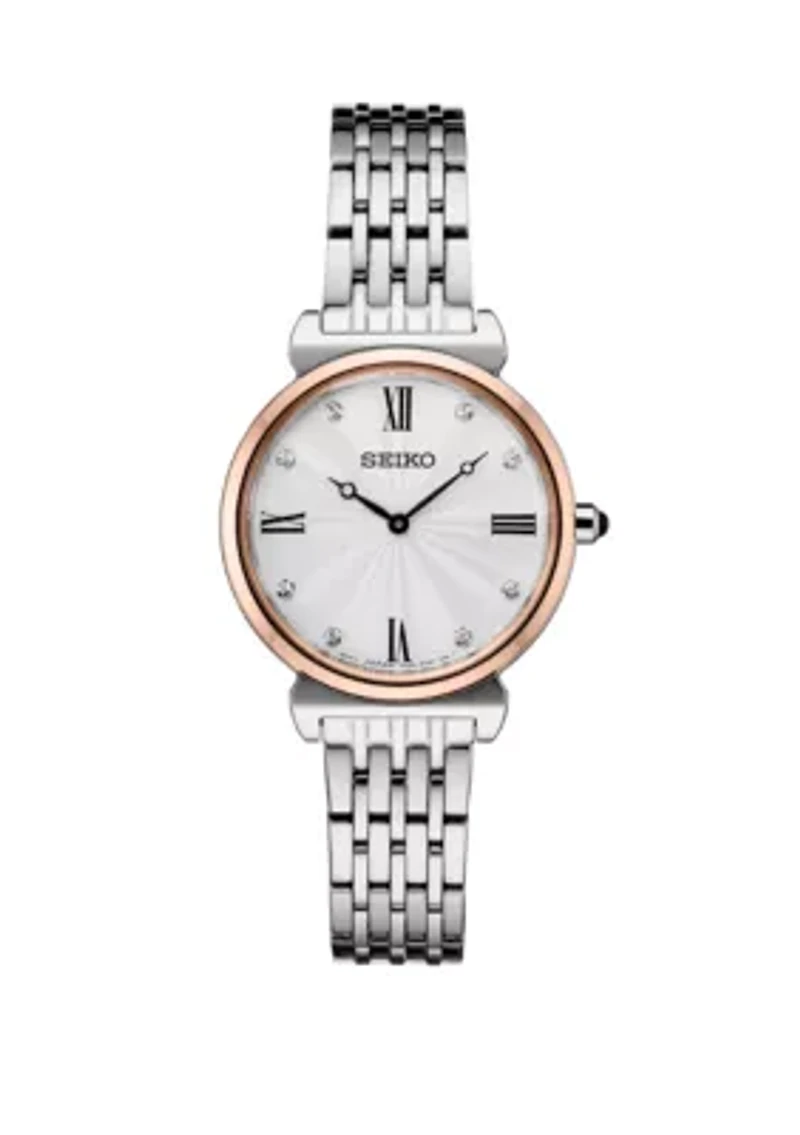 2 Tone Crystal Watch With Silver Pattern Dial And 8 Crystal Accents