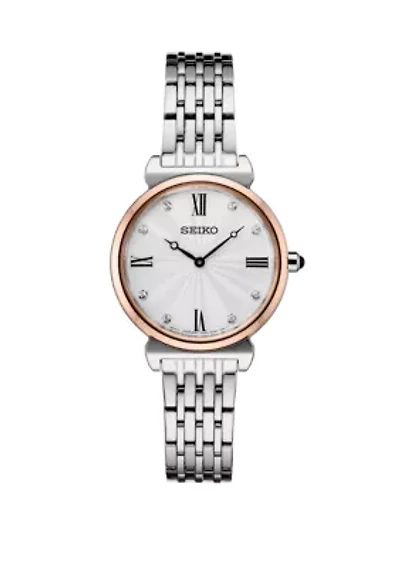 2 Tone Crystal Watch With Silver Pattern Dial And 8 Crystal Accents