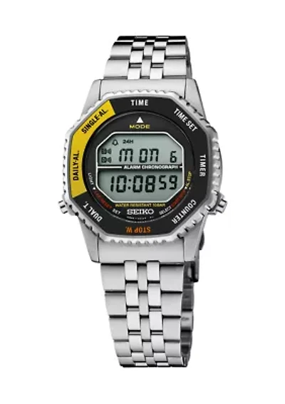 Essentials Sterling Silver Digital Black and Yellow Dial Watch