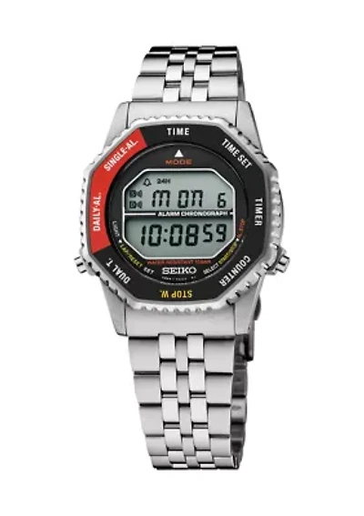 Essentials Sterling Silver Digital Black and Red Dial Watch