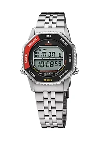Essentials Sterling Silver Digital Black and Red Dial Watch