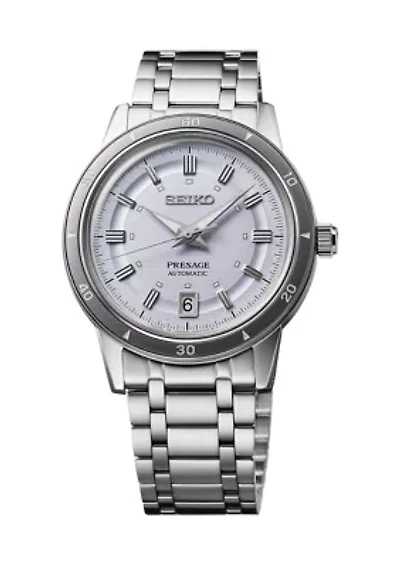 Presage, Style 60's Automatic, Lavender Dial, Sterling Silver Case & Bracelet Watch 