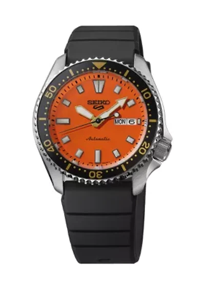 Seiko 5 Sports, Automatic Movement, Sterling Silver Case, Orange Dial, Black Silicone Strap Watch