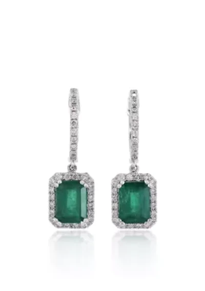 14k White Gold Emerald and Diamond Earrings