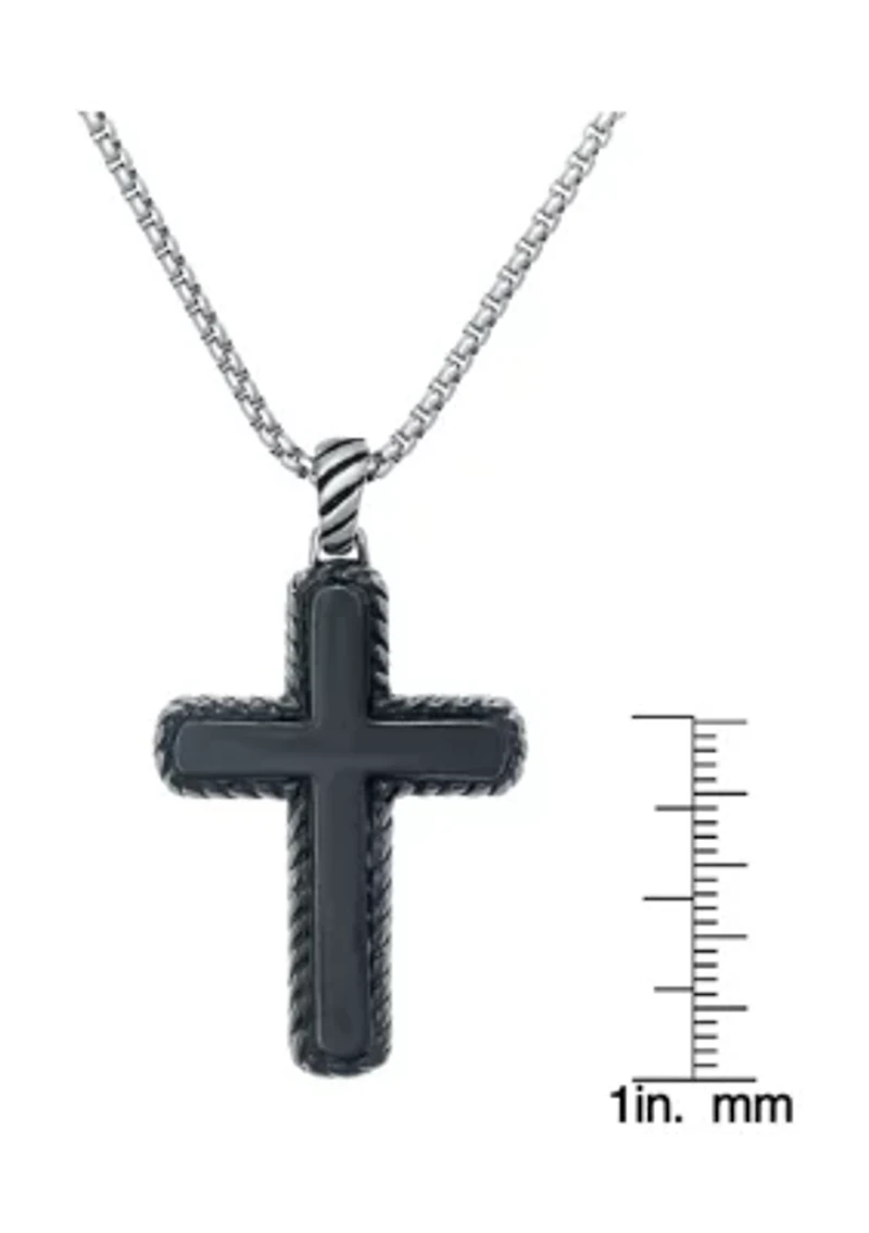 Stainless Steel Cross Pendant with Black Ion Plating on 24" Round Box Chain