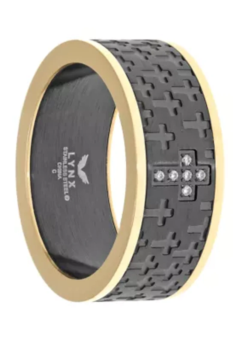 Stainless Steel Cubic Zirconia Ring with Black and Gold Tone Ion Plating