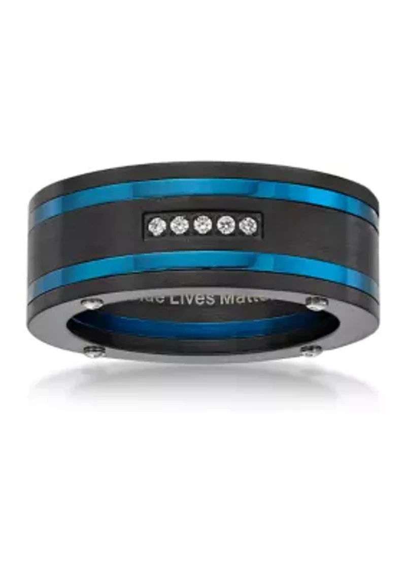 Stainless Steel Cubic Zirconia Ring with Black and Blue Ion Plating