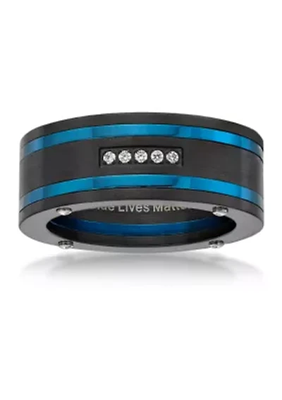 Stainless Steel Cubic Zirconia Ring with Black and Blue Ion Plating