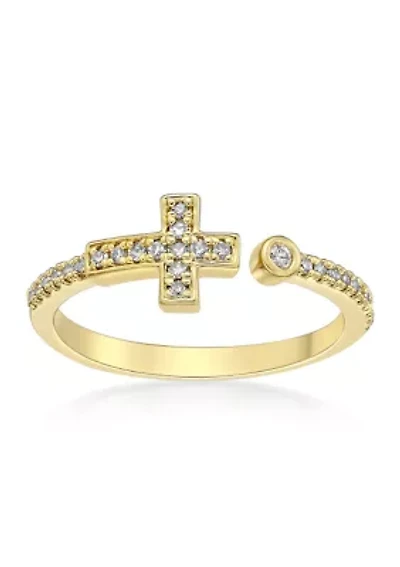 1/8 ct. t.w. Diamond Sideways Cross Open Shank Ring Sterling Silver with 14K Yellow Gold Plate