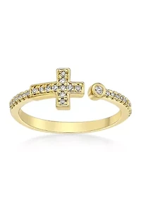1/8 ct. t.w. Diamond Sideways Cross Open Shank Ring Sterling Silver with 14K Yellow Gold Plate