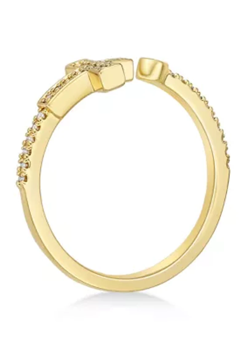 1/8 ct. t.w. Diamond Sideways Cross Open Shank Ring Sterling Silver with 14K Yellow Gold Plate