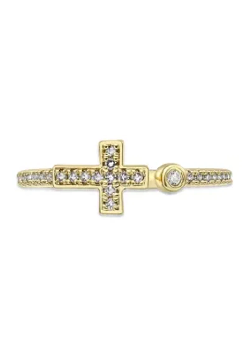 1/8 ct. t.w. Diamond Sideways Cross Open Shank Ring Sterling Silver with 14K Yellow Gold Plate