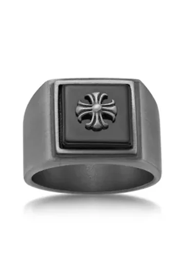 Stainless Steel Ring with Black Agate and Mattte Gray Ion Plating - 14.5MM