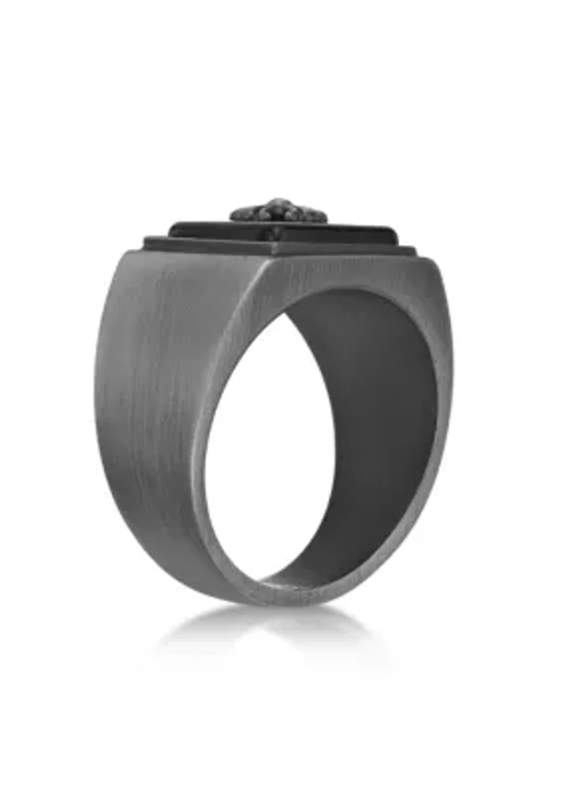 Stainless Steel Ring with Black Agate and Mattte Gray Ion Plating - 14.5MM