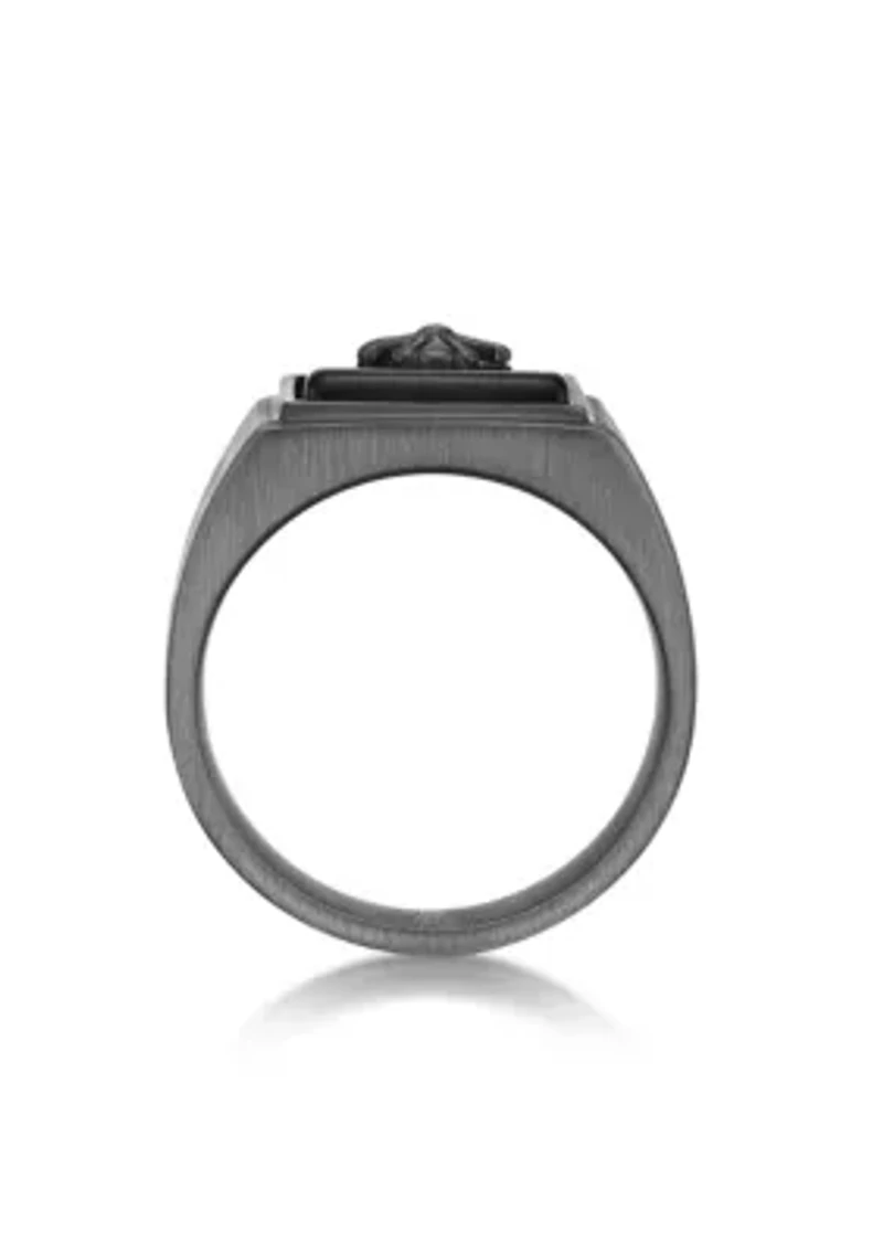 Stainless Steel Ring with Black Agate and Mattte Gray Ion Plating - 14.5MM