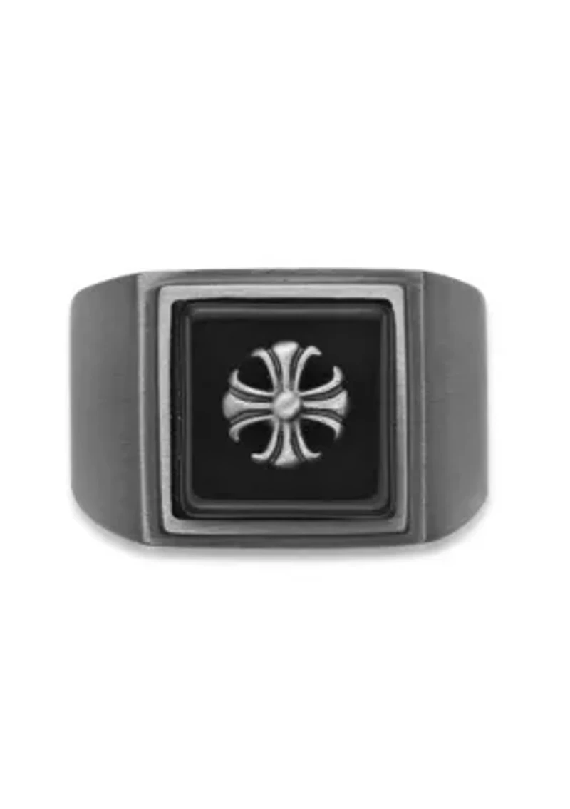Stainless Steel Ring with Black Agate and Mattte Gray Ion Plating - 14.5MM