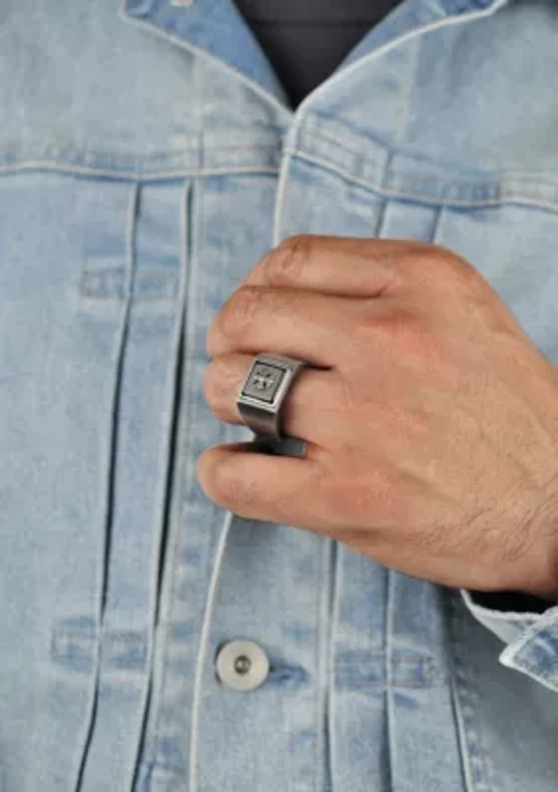 Stainless Steel Ring with Black Agate and Mattte Gray Ion Plating - 14.5MM