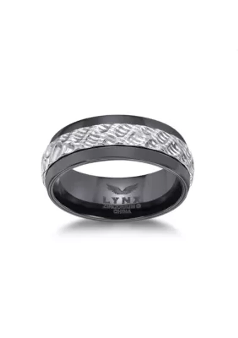 Black Zirconium Ring With Hammered Damascus Steel Inlay