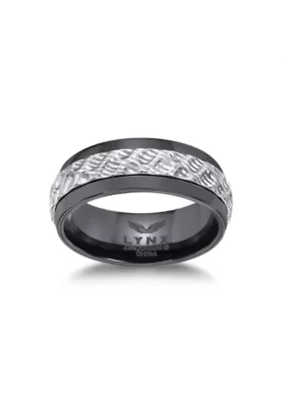 Black Zirconium Ring With Hammered Damascus Steel Inlay