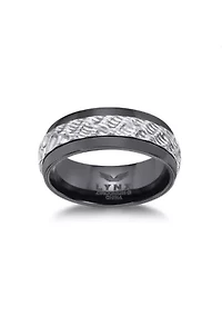 Black Zirconium Ring With Hammered Damascus Steel Inlay