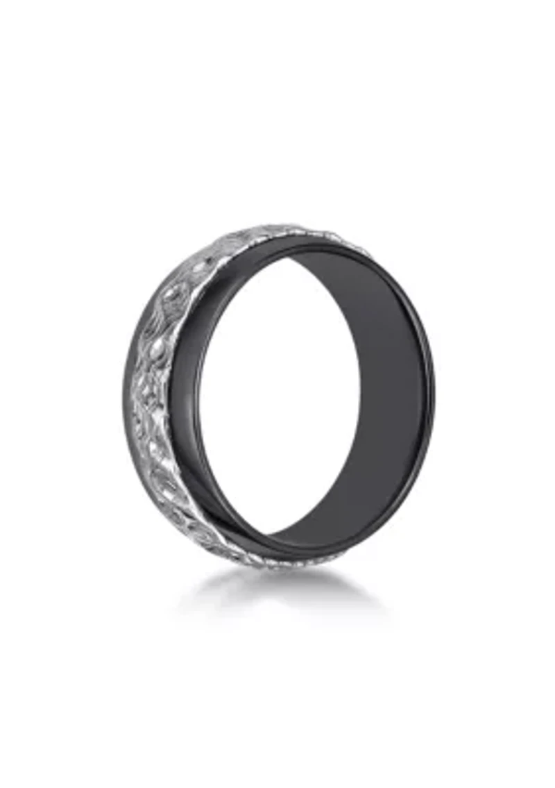 Black Zirconium Ring With Hammered Damascus Steel Inlay