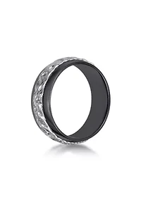 Black Zirconium Ring With Hammered Damascus Steel Inlay