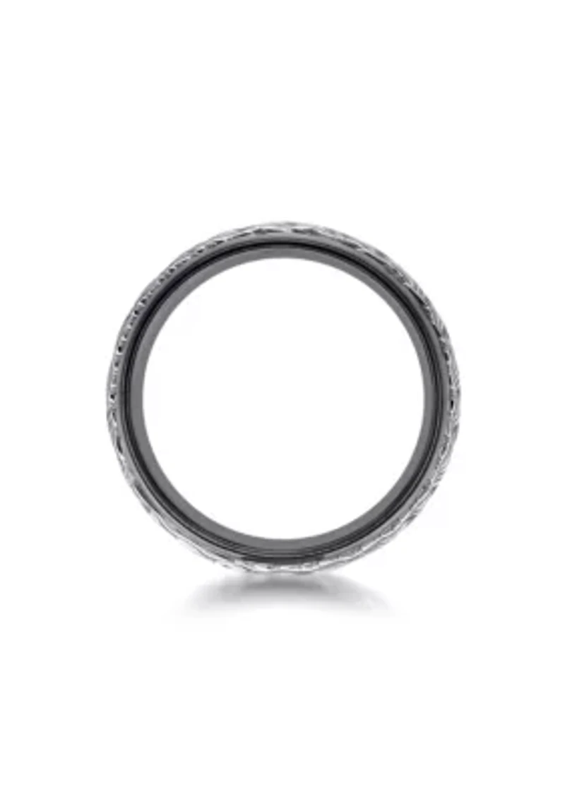 Black Zirconium Ring With Hammered Damascus Steel Inlay