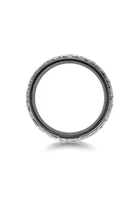 Black Zirconium Ring With Hammered Damascus Steel Inlay