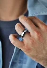 Black Zirconium Ring With Hammered Damascus Steel Inlay