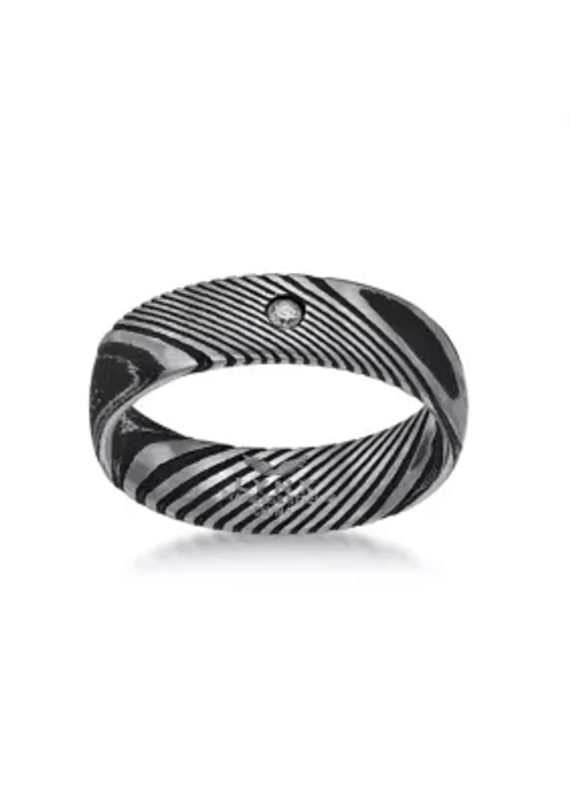 Damascus Steel Ring With Cubic Zirconia and Black Ip