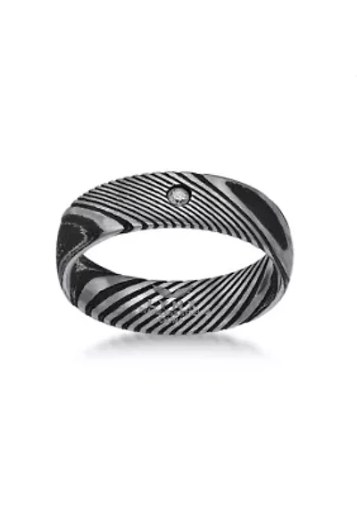 Damascus Steel Ring With Cubic Zirconia and Black Ip