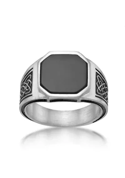Stainless Steel Ring with Black Agate and Ion Plating - 14.5MM