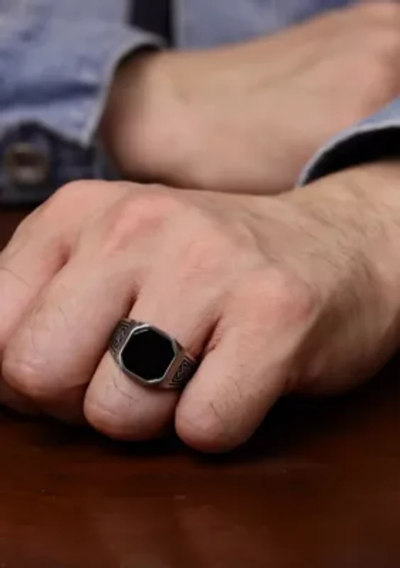 Stainless Steel Ring with Black Agate and Ion Plating - 14.5MM