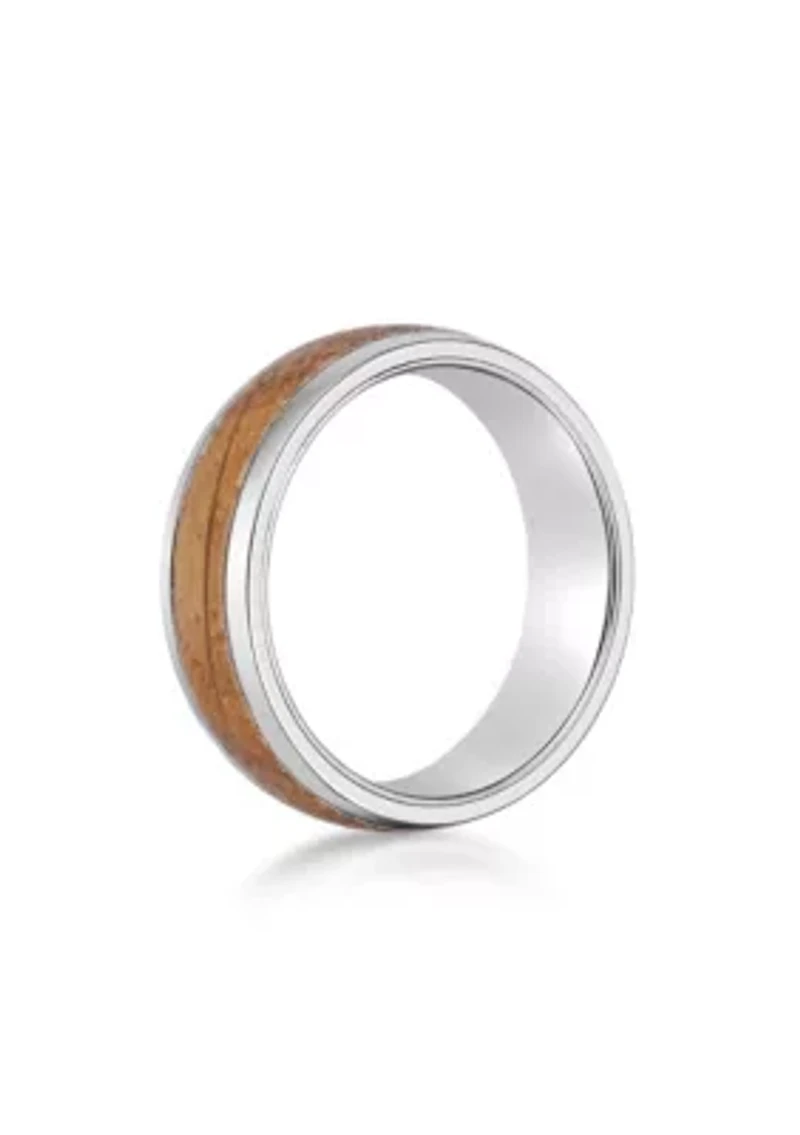 Stainless Steel Ring With Whisky Barrel Wood Inlay And Clear Resin