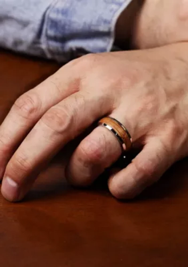 Stainless Steel Ring With Whisky Barrel Wood Inlay And Clear Resin