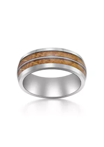 Stainless Steel Ring With Whisky Barrel Wood Inlay And Clear Resin