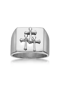 Stainless Steel And Crystal Cross Ring