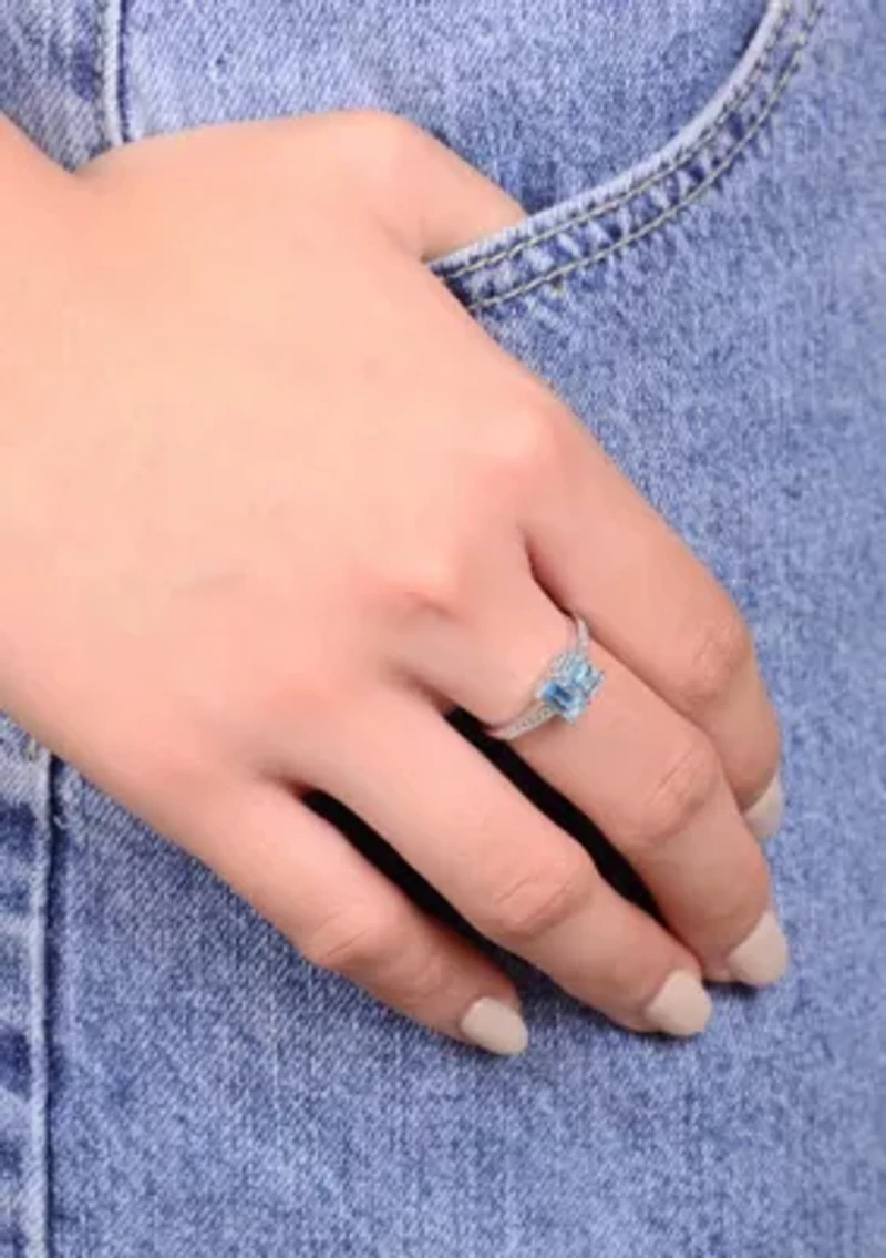 Blue Topaz and Created White Sapphire Ring Sterling Silver