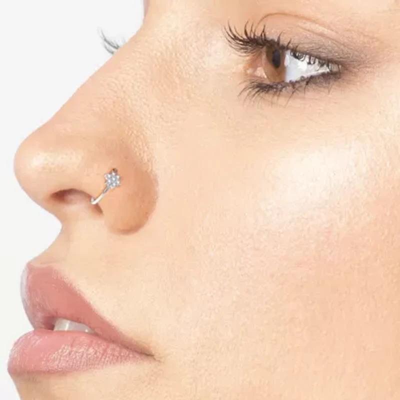 Lab Created Lila Moon Lab-Grown Diamond Accent Flower Hoop Nose Ring in 14K Gold