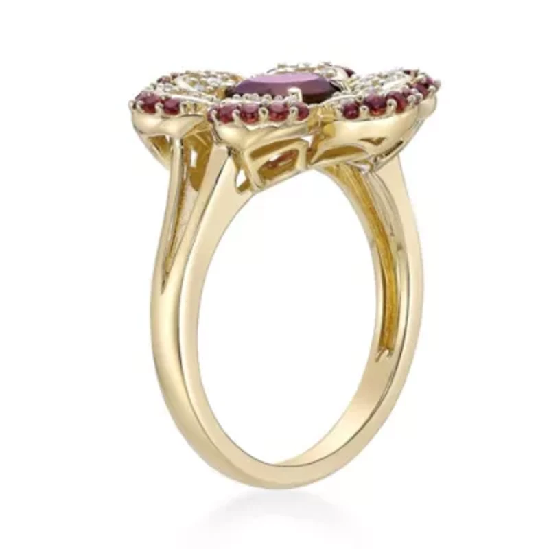1.2 ct. t.w. Garnet & Lab-Created White Sapphire Flower Ring 2 micron 18k Gold-Plated Sterling Silver